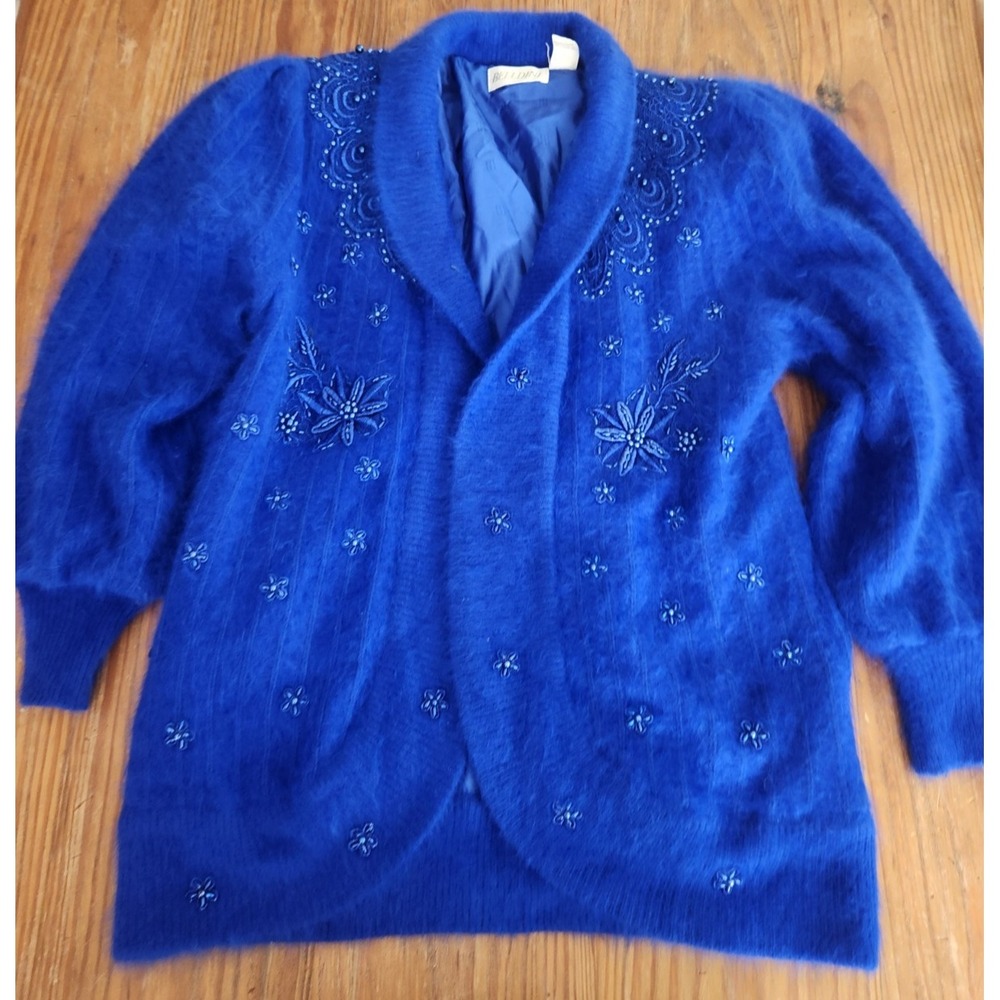 Belldini Blue Angora Rabbit Hair Open Long Line Cardigan Sweater Beaded Lrg‎ Vtg